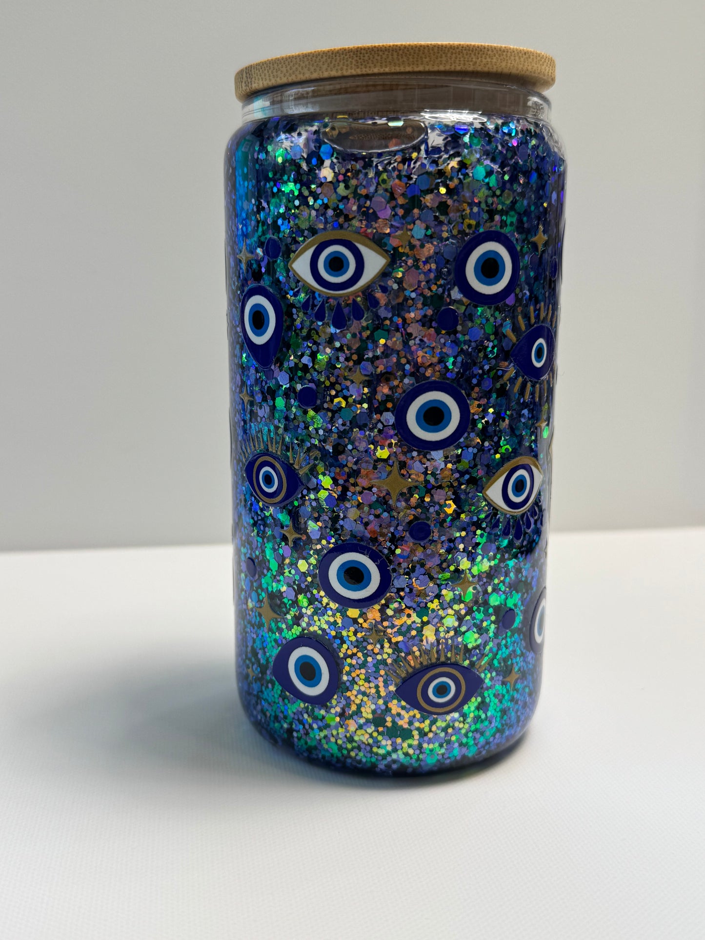 16oz Glass Snow Globe Evil Eye wrap w/glitter slow flow.