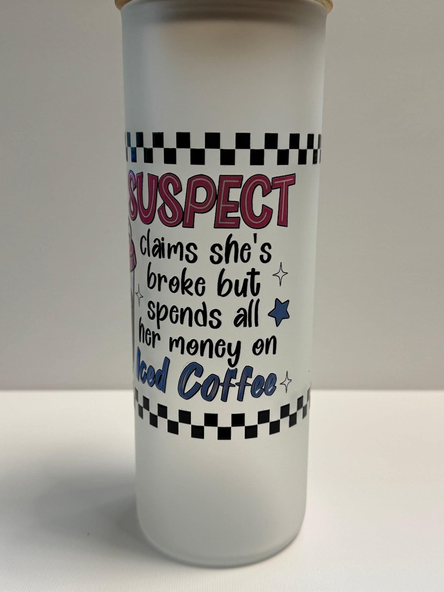 25oz Frosted Glass cup w/wrap coffee suspect