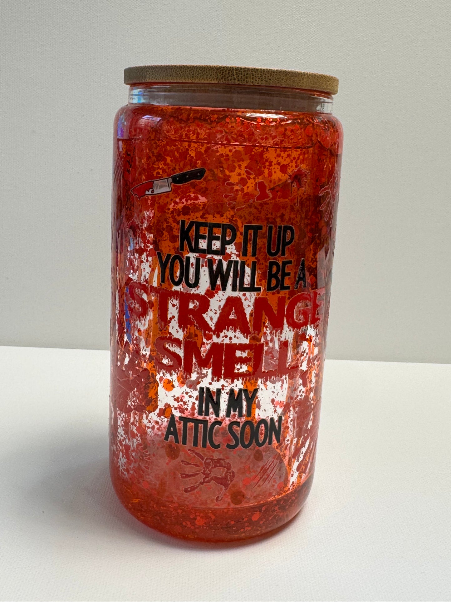 16oz Glass Snow Globe w/Halloween wrap blood drip lava style.