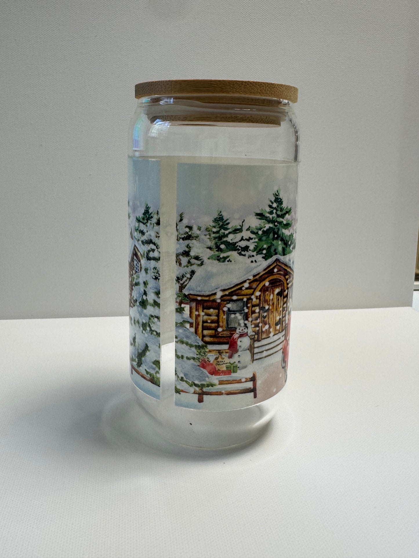 16oz Glass single wall. With winter scenery wrap