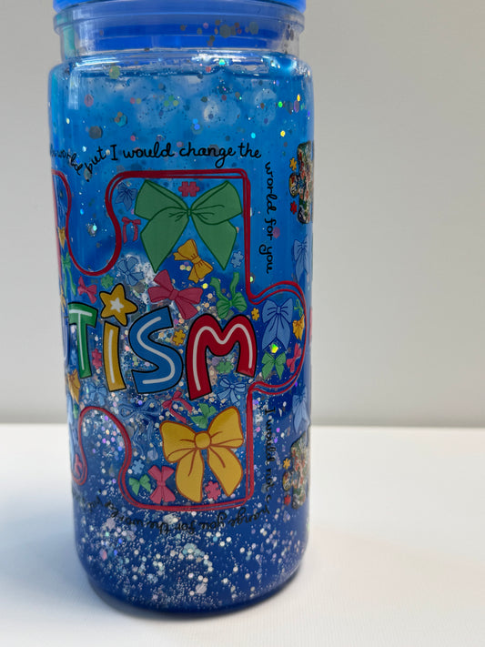 16oz Acrylic snow globe Autism Blue drip w/Glitter