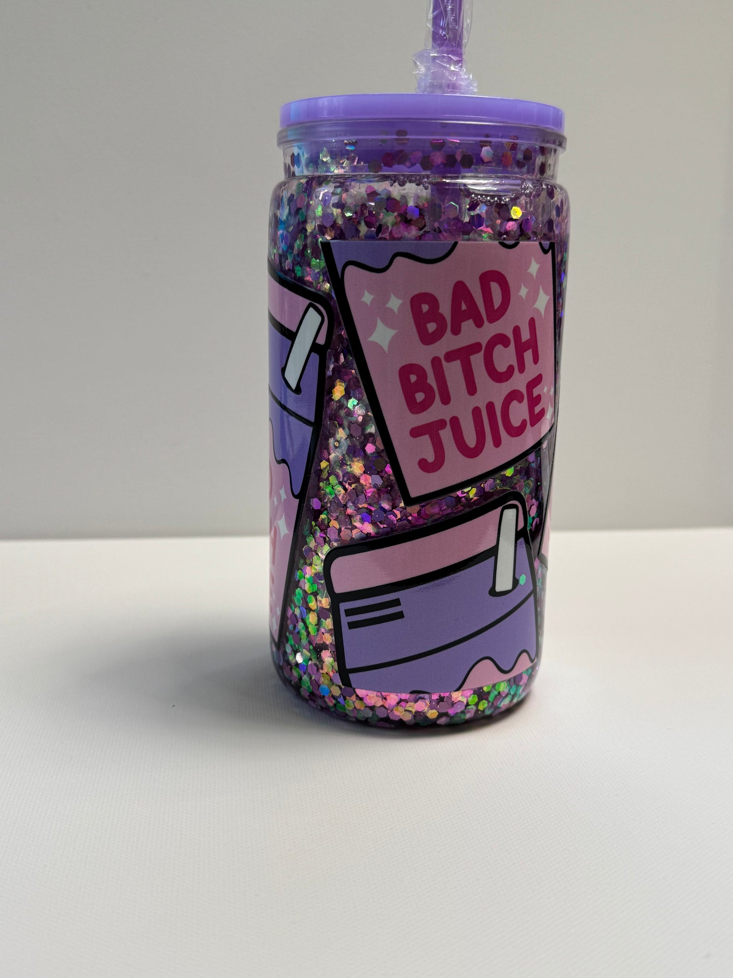 Acrylic 16oz snow globe w/bad bitch juice box wrap an glitter med flow.