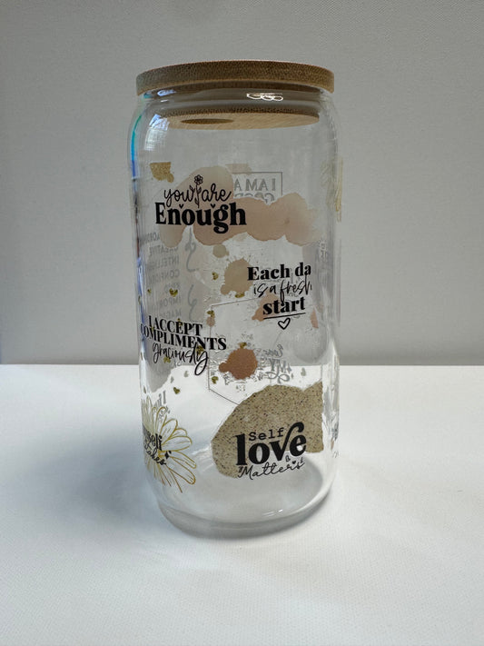 16oz Glass single wall cup with self affirmation wrap