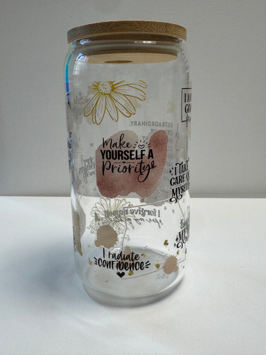 16oz Glass single wall cup with self affirmation wrap