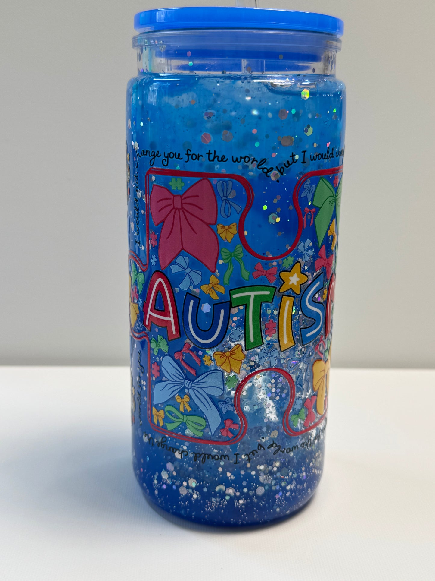 16oz Acrylic snow globe Autism Blue drip w/Glitter