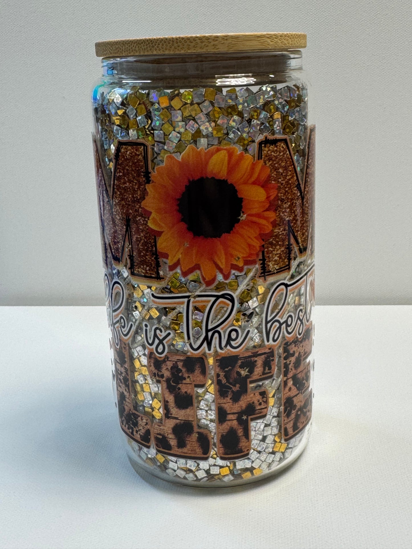 16oz Glass snow globe w/3d gold/silver glitter mom life.