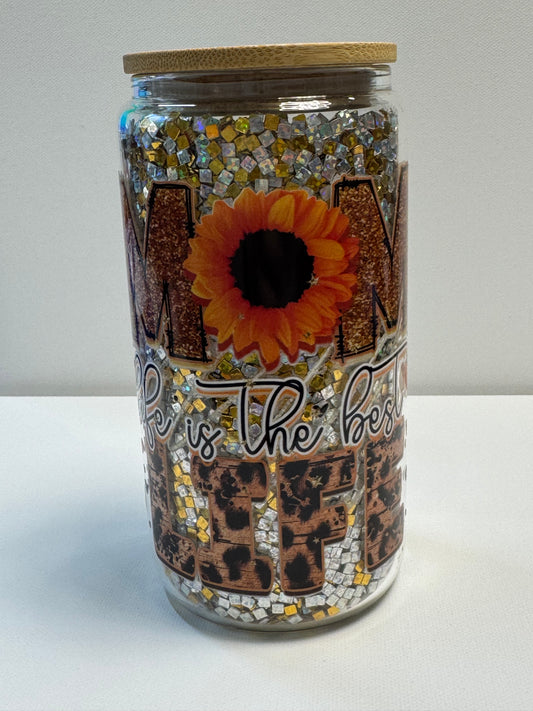 16oz Glass snow globe w/3d gold/silver glitter mom life.