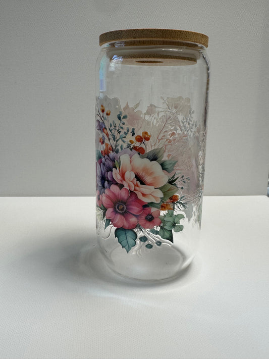 16oz Glass single wall with boots & flowers western