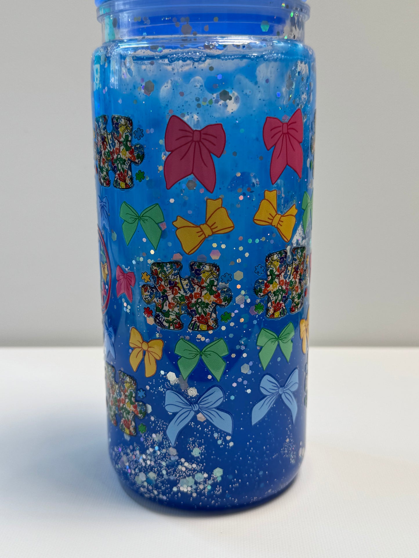16oz Acrylic snow globe Autism Blue drip w/Glitter