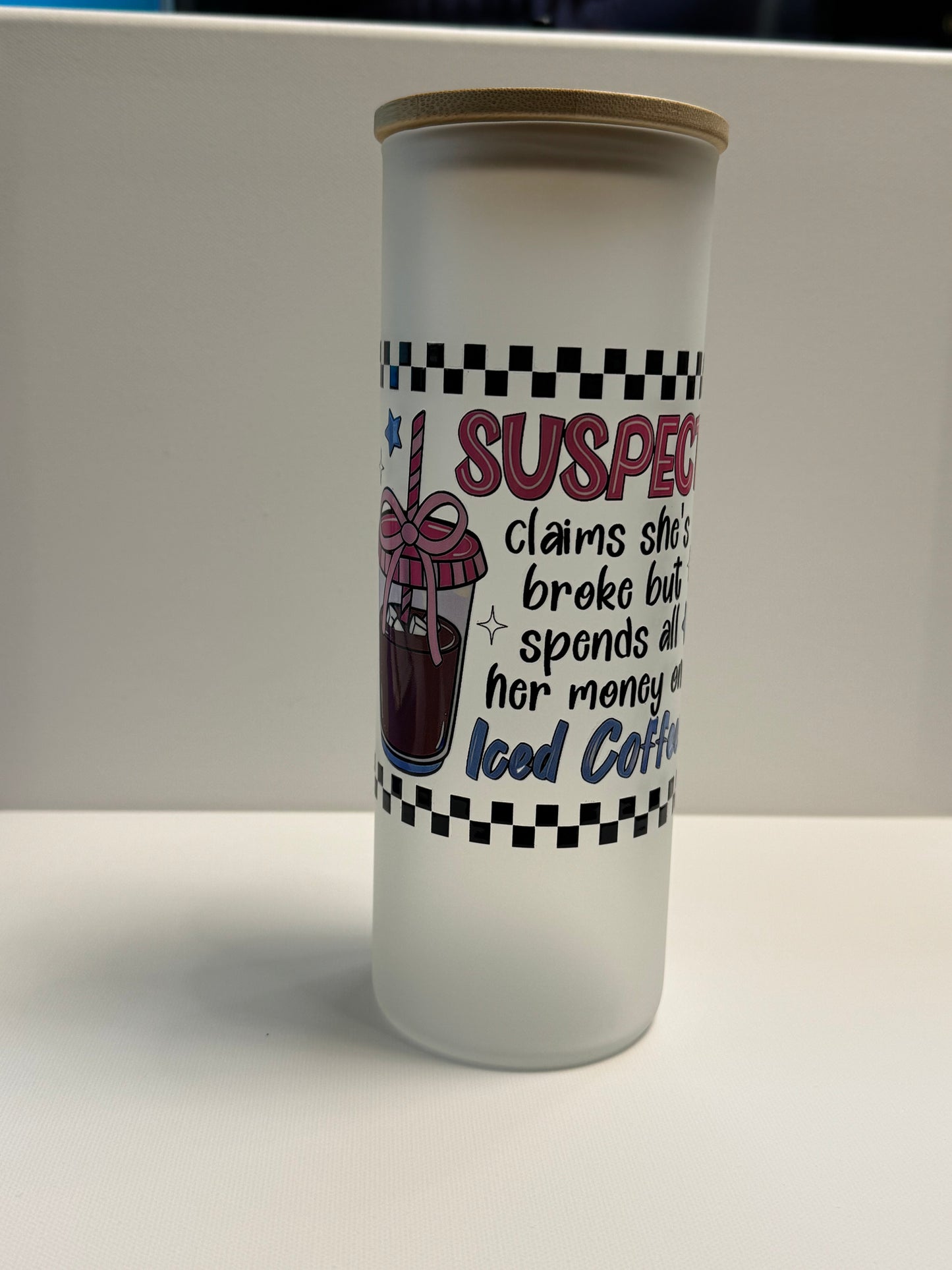 25oz Frosted Glass cup w/wrap coffee suspect
