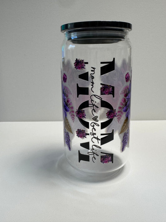 16oz Glass single wall with mom wrap an color lid