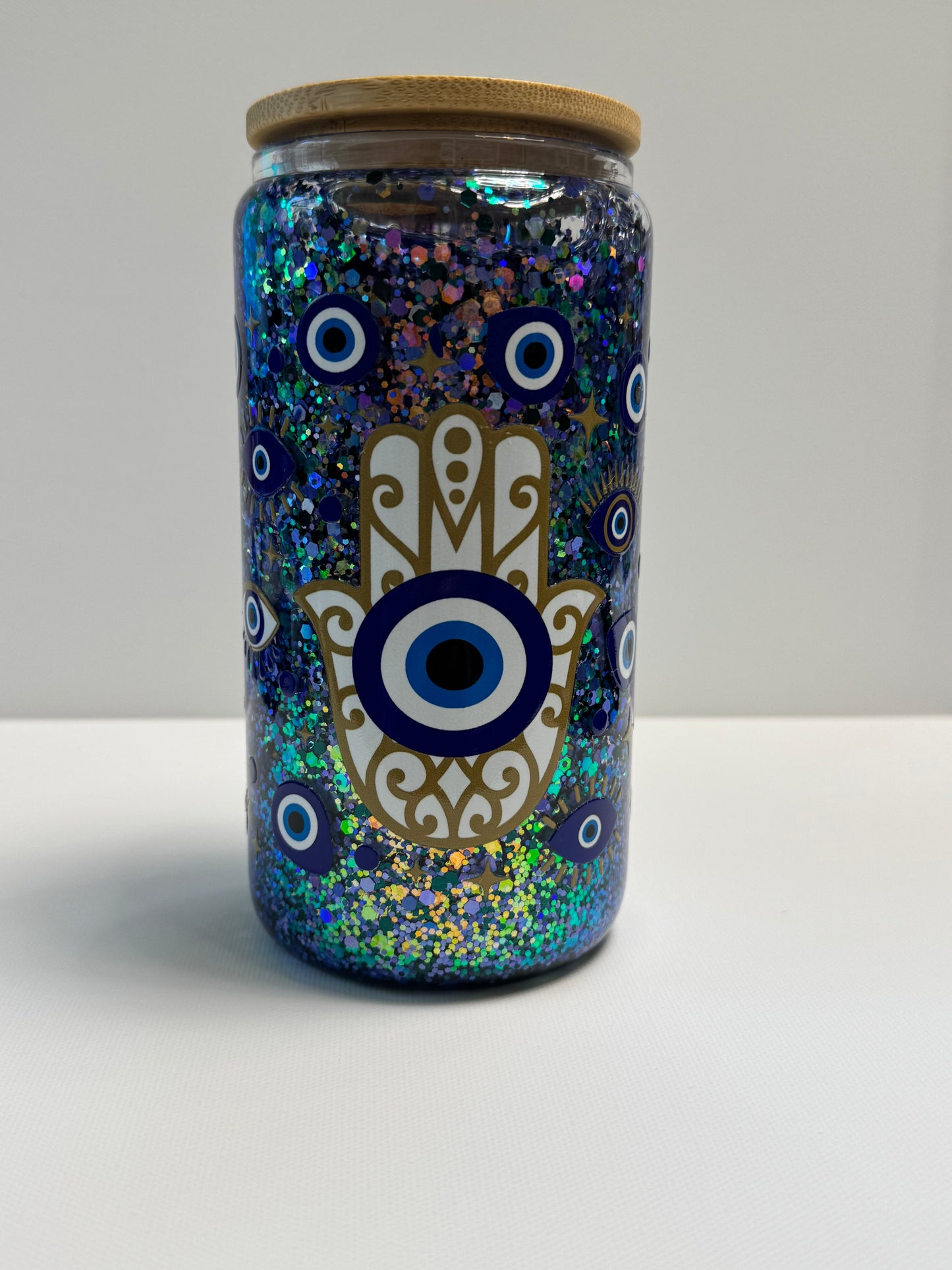 16oz Glass Snow Globe Evil Eye wrap w/glitter slow flow.