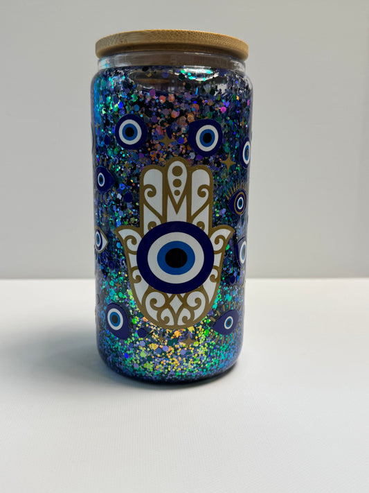 16oz Glass Snow Globe Evil Eye wrap w/glitter slow flow.