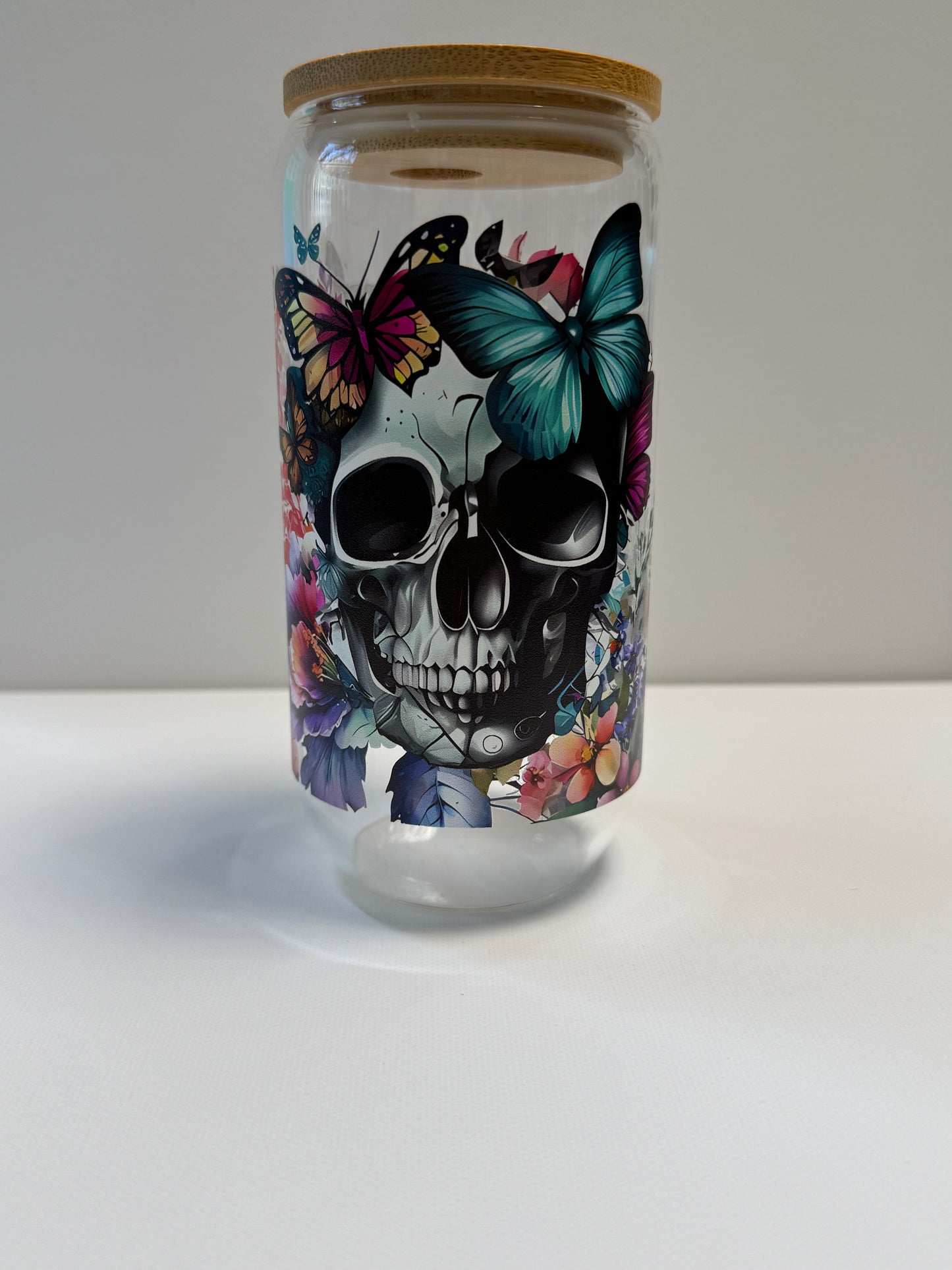 16oz Glass single wall cup with skull wrap