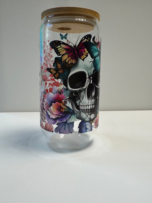 16oz Glass single wall cup with skull wrap