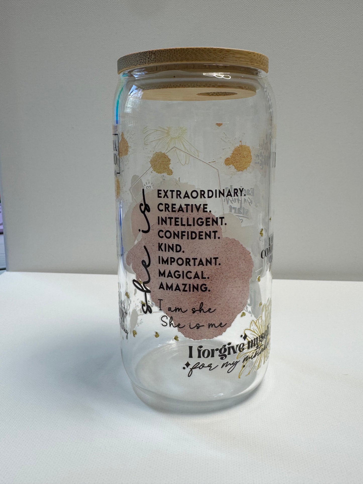 16oz Glass single wall cup with self affirmation wrap