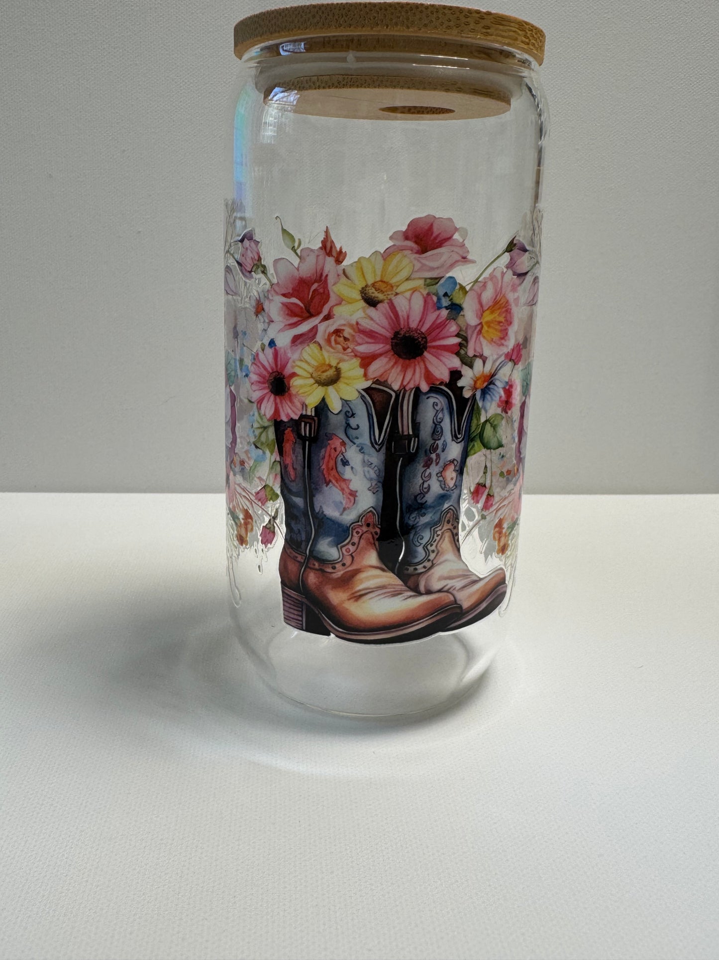 16oz Glass single wall with boots & flowers western