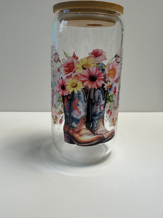 16oz Glass single wall with boots & flowers western