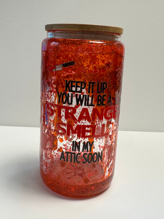 16oz Glass Snow Globe w/Halloween wrap blood drip lava style.