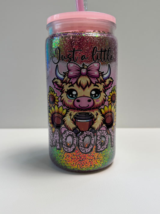 Acrylic 16oz Snow Globe w/cow moody wrap and Dry glitter. No liquid in globe.