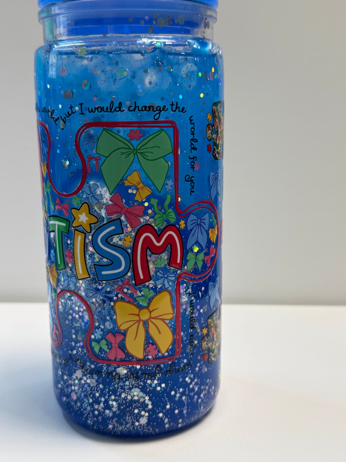 16oz Acrylic snow globe Autism Blue drip w/Glitter