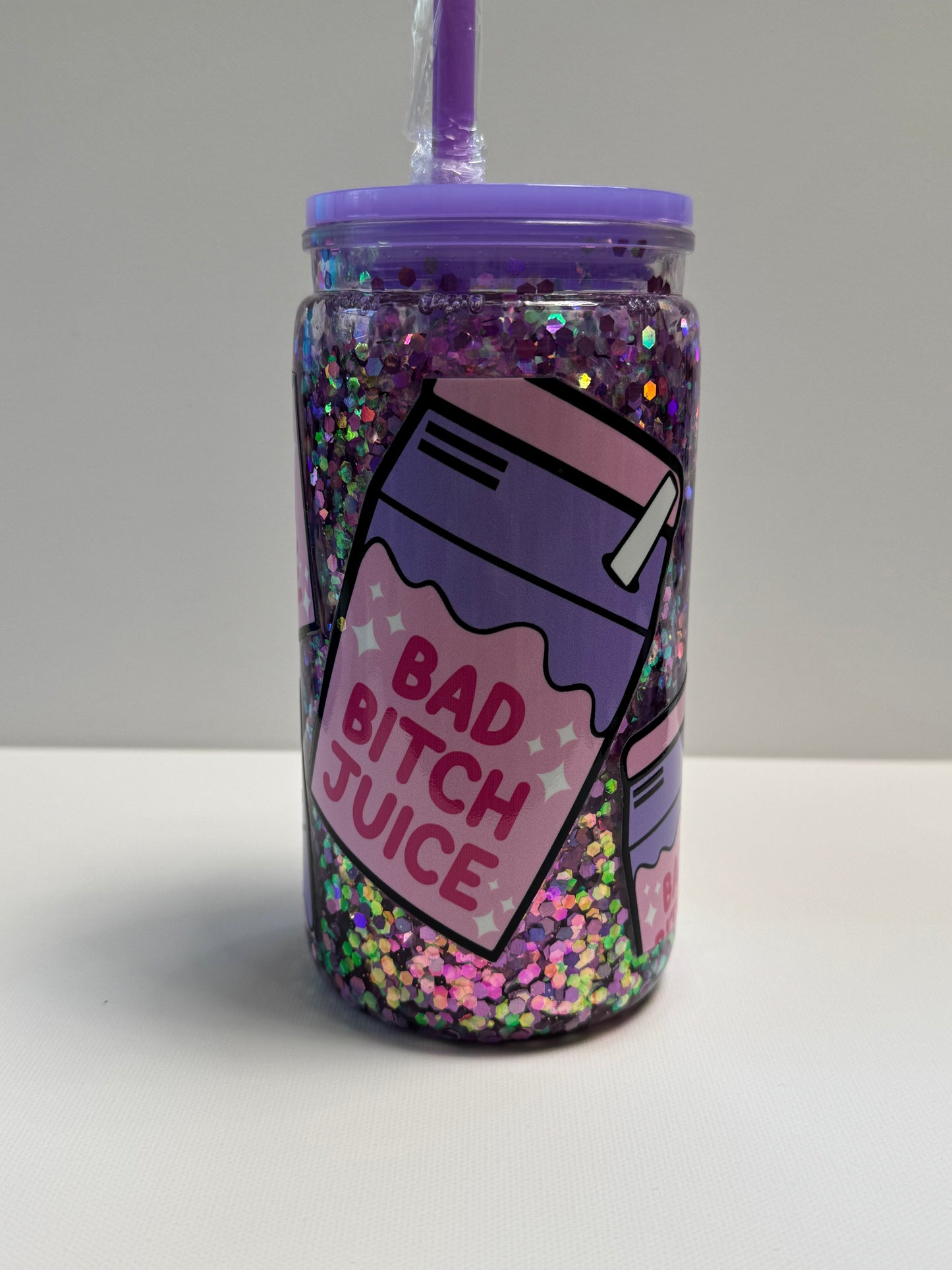Acrylic 16oz snow globe w/bad bitch juice box wrap an glitter med flow.